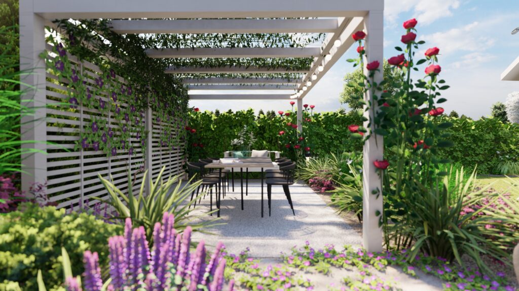 ogród angielski - cechy charakterystyczne to między innymi bujna roślinność, wykorzystanie róż, kolor biały dominujący w elementach małej architektury