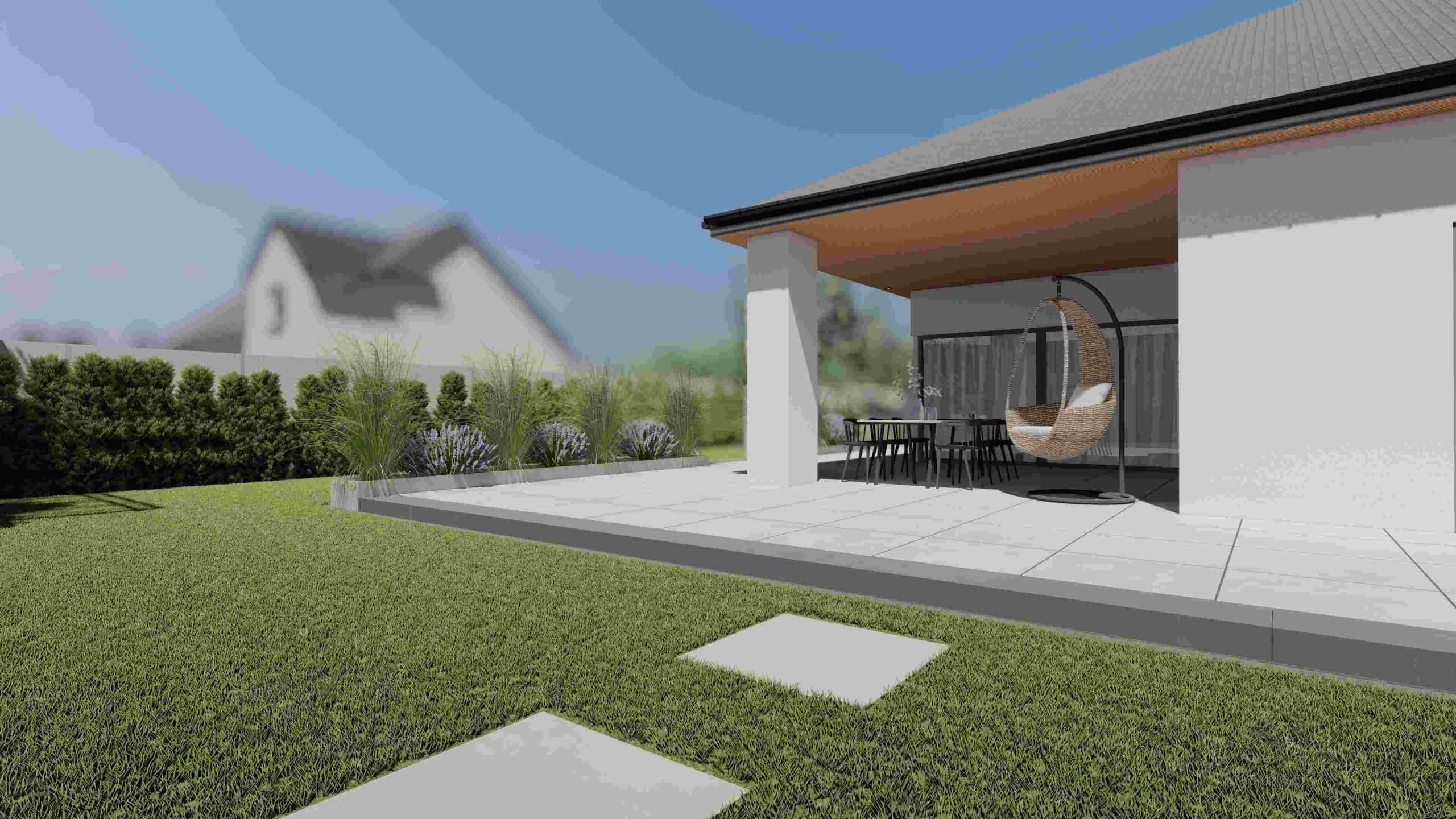 taras w dużym ogrodzie z letnim salonem