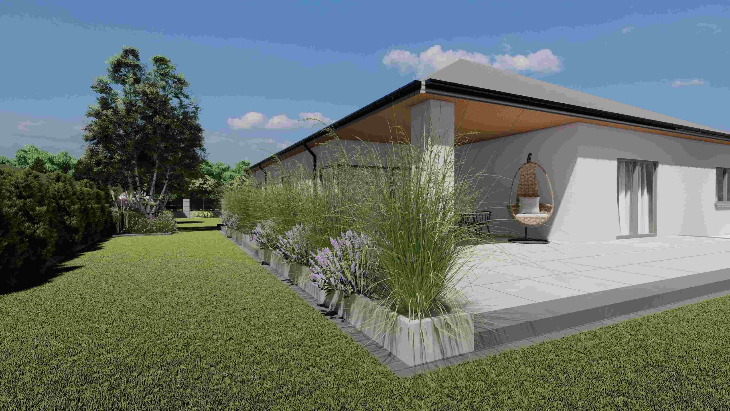 taras w dużym ogrodzie z letnim salonem