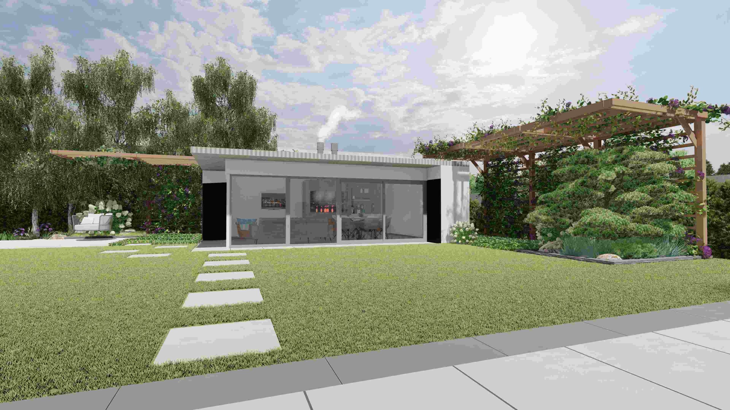 duży ogród z letnim salonem - budynek i pergola