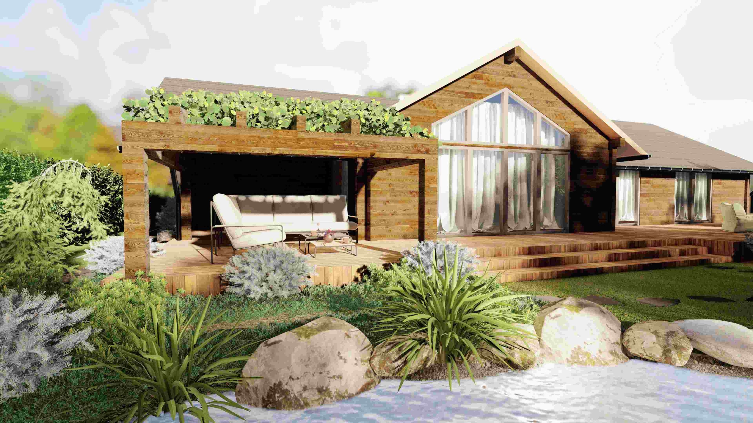 staw kąpielowy w ogrodzie - taras główny przy domu