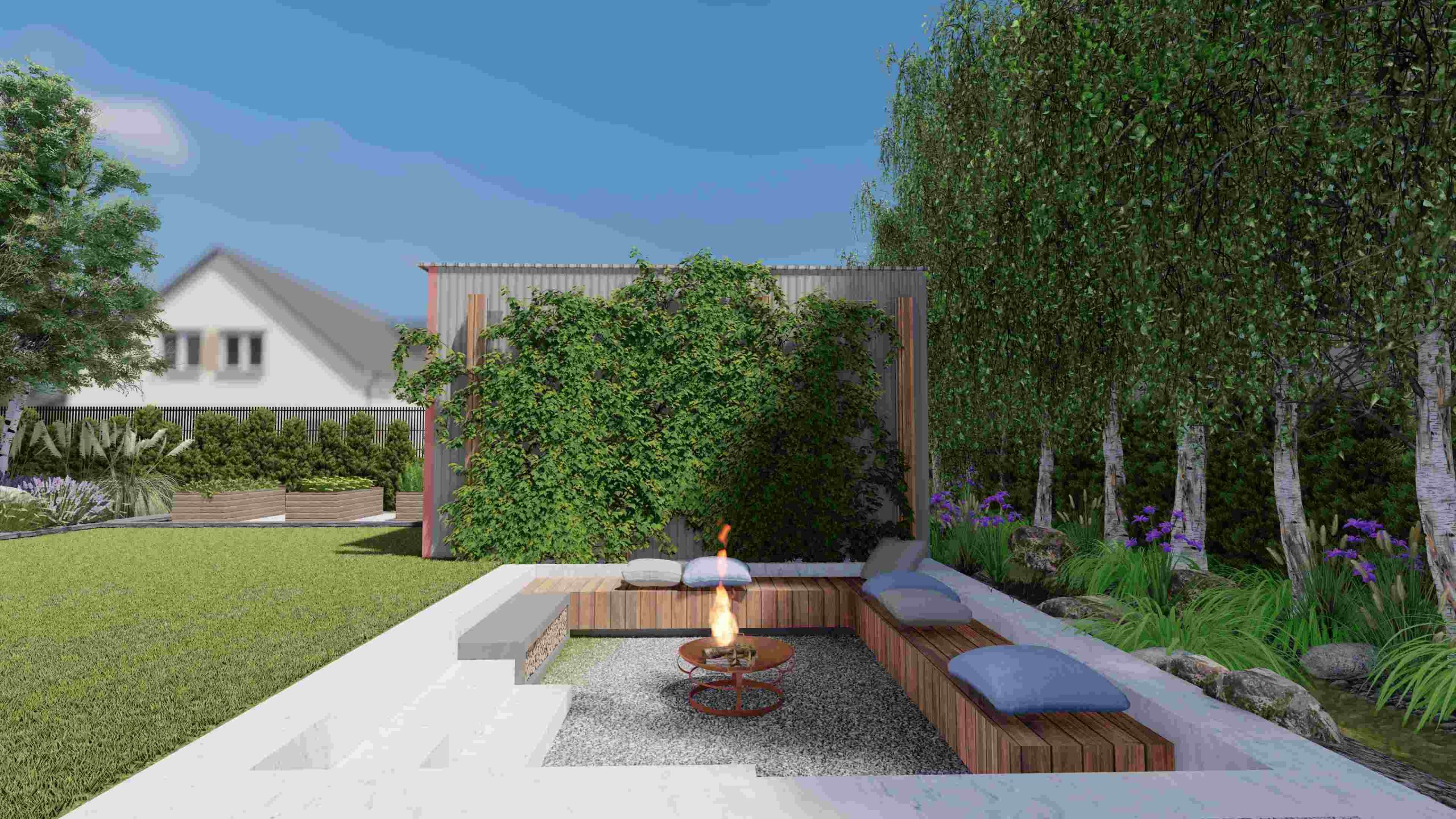 duży ogród z letnim salonem - palenisko wgłębnik