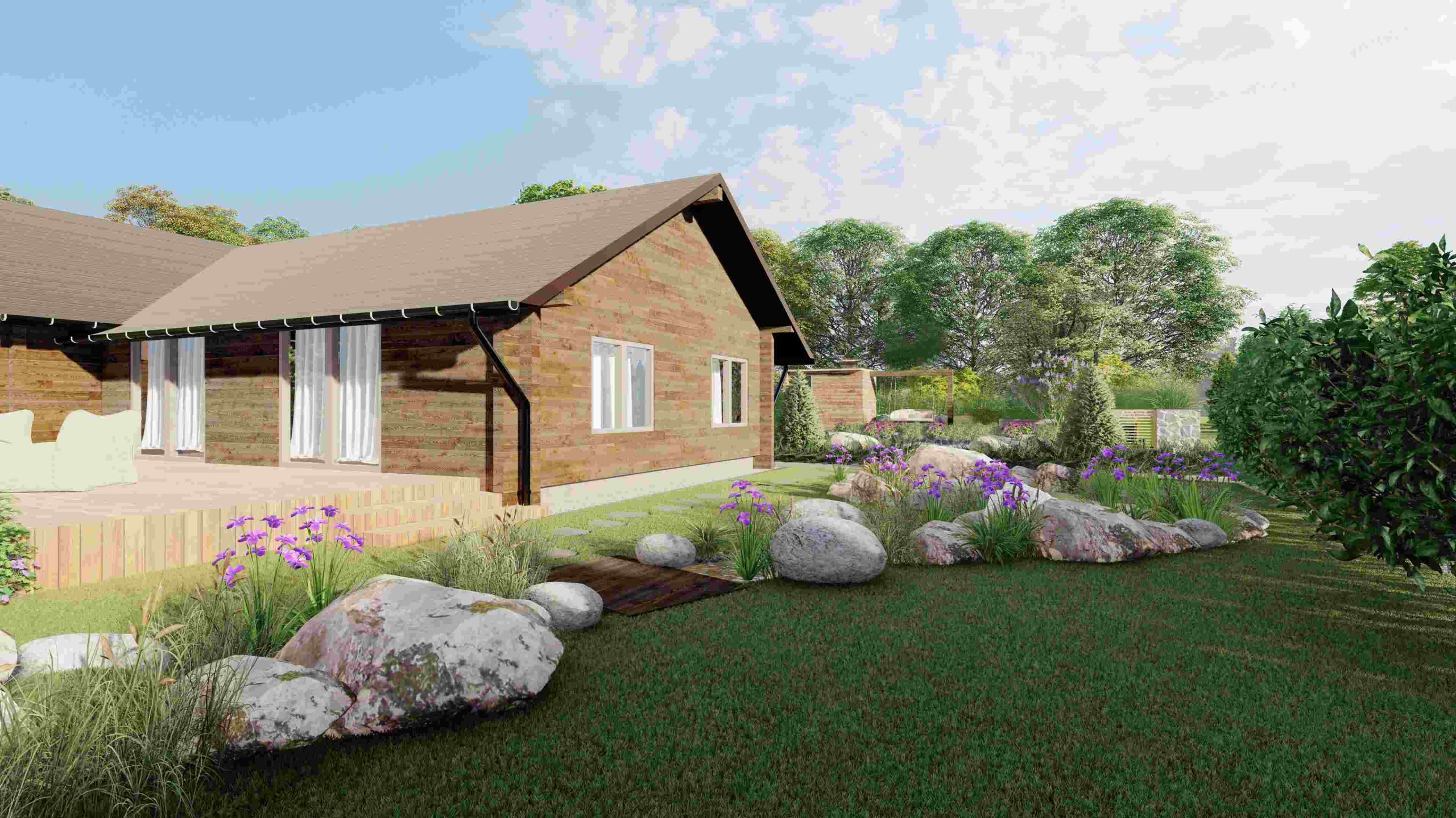 rzeka w ogrodzie ze stawem kąpielowym