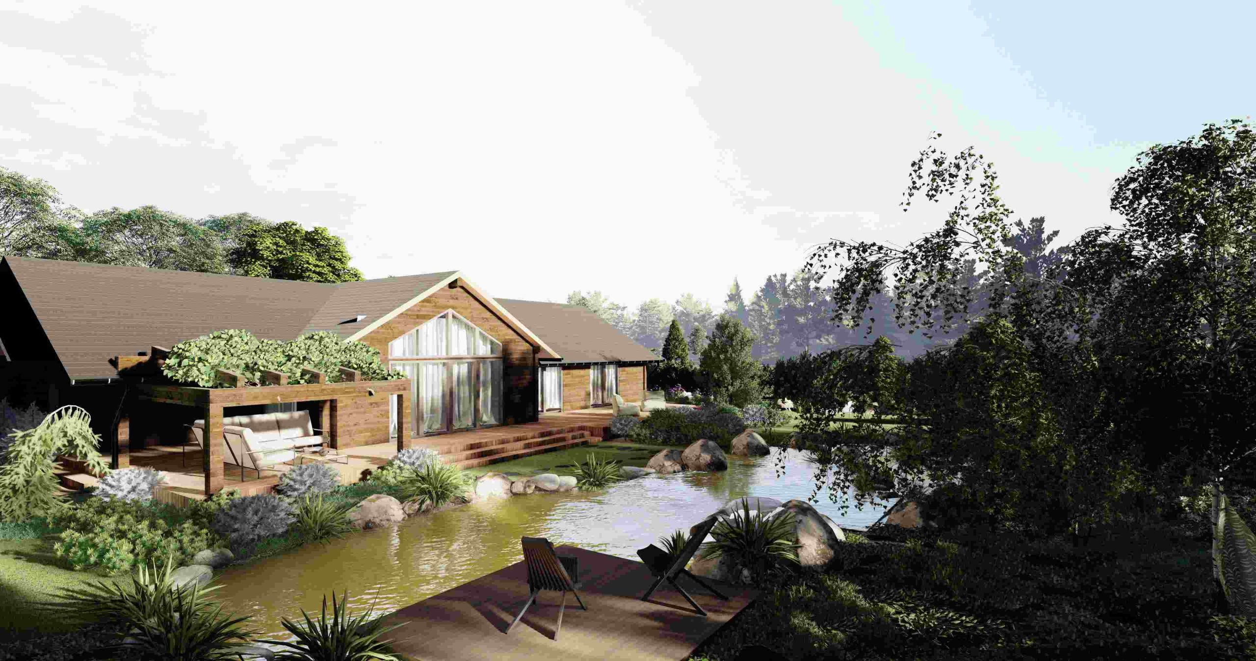 staw kąpielowy w ogrodzie - widok na dom