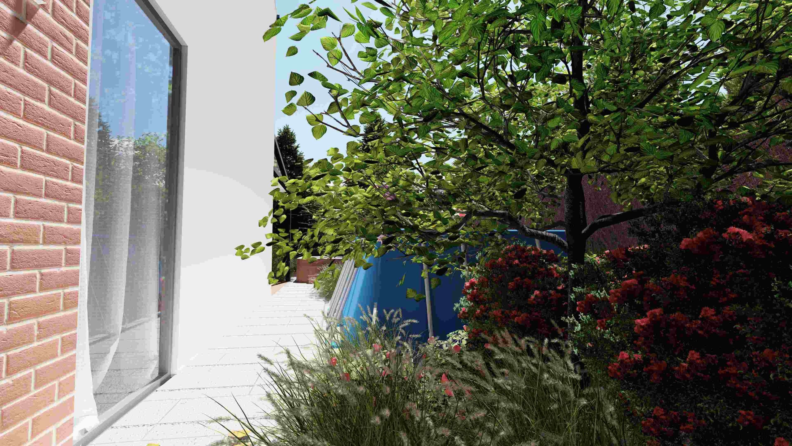 ogród bez trawnika - przejście zagospodarowane za pomocą ścieżki i rabat, a także basen