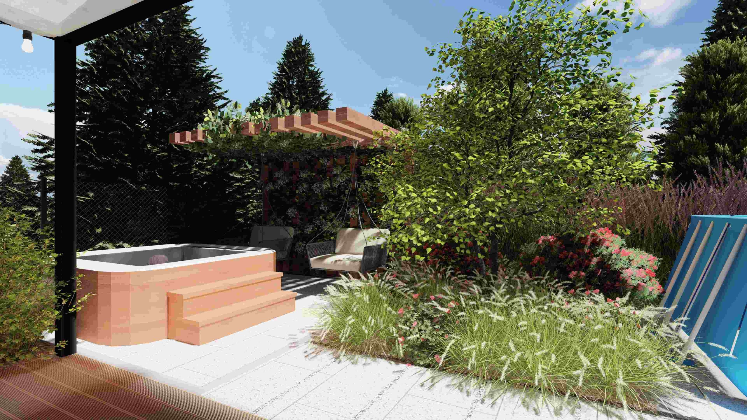 ogród bez trawnika - miejsce na jacuzzi połączone z tarasem