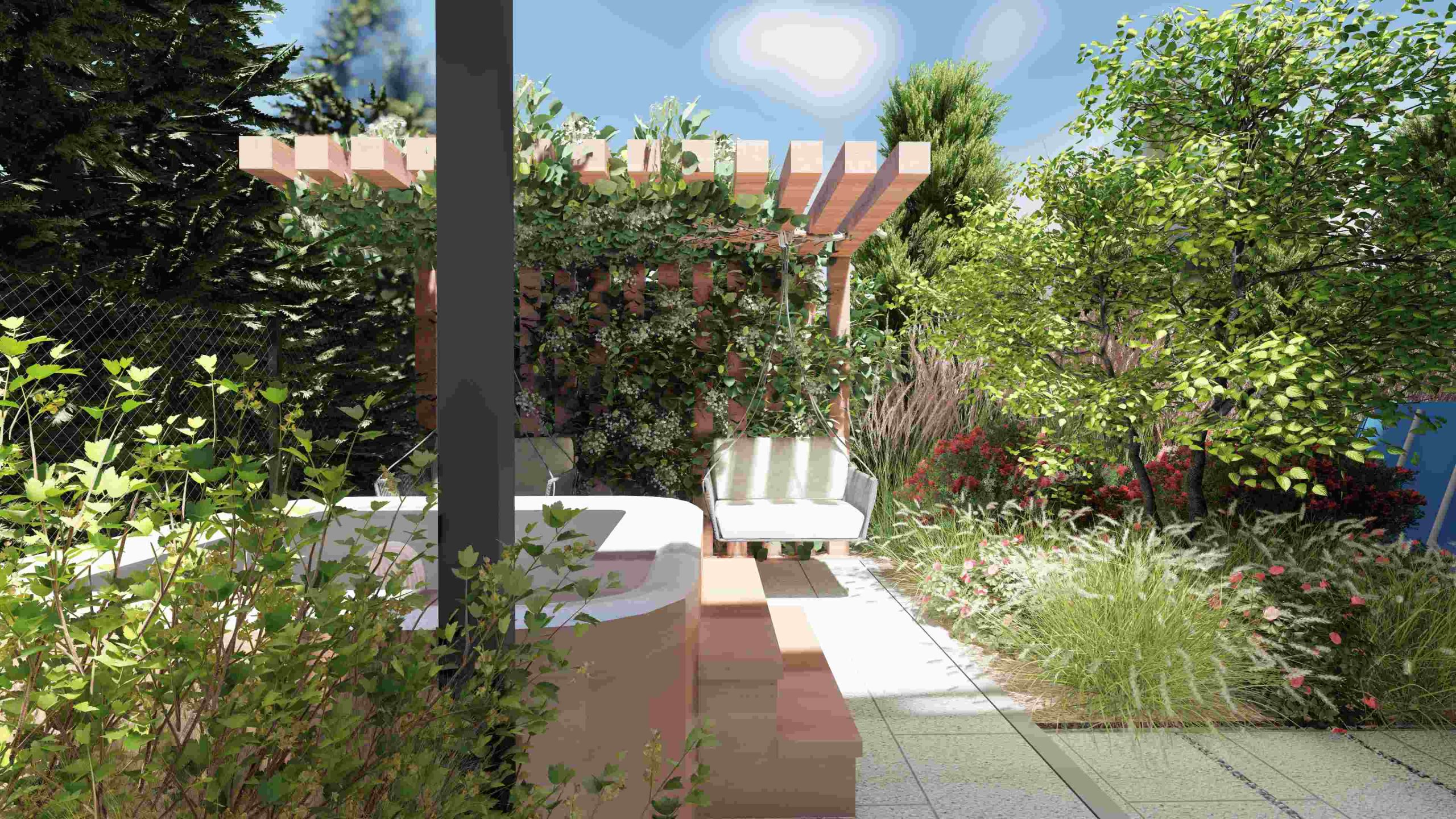 ogród bez trawnika - miejsce na jacuzzi połączone z tarasem w otoczeniu roślinności