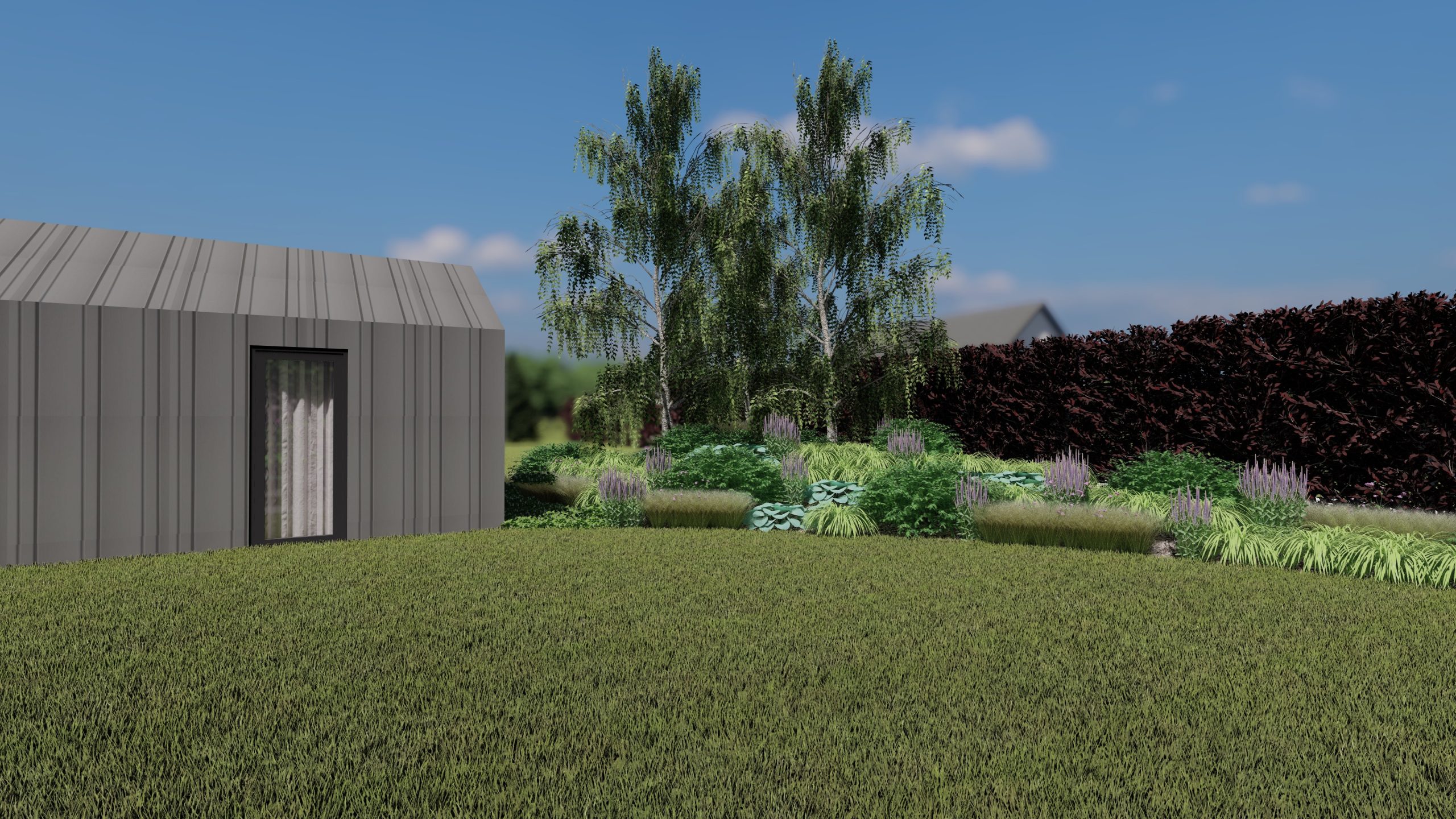 leśny ogród letniskowy z pagórkami i żywopłotem z czerwonego buka