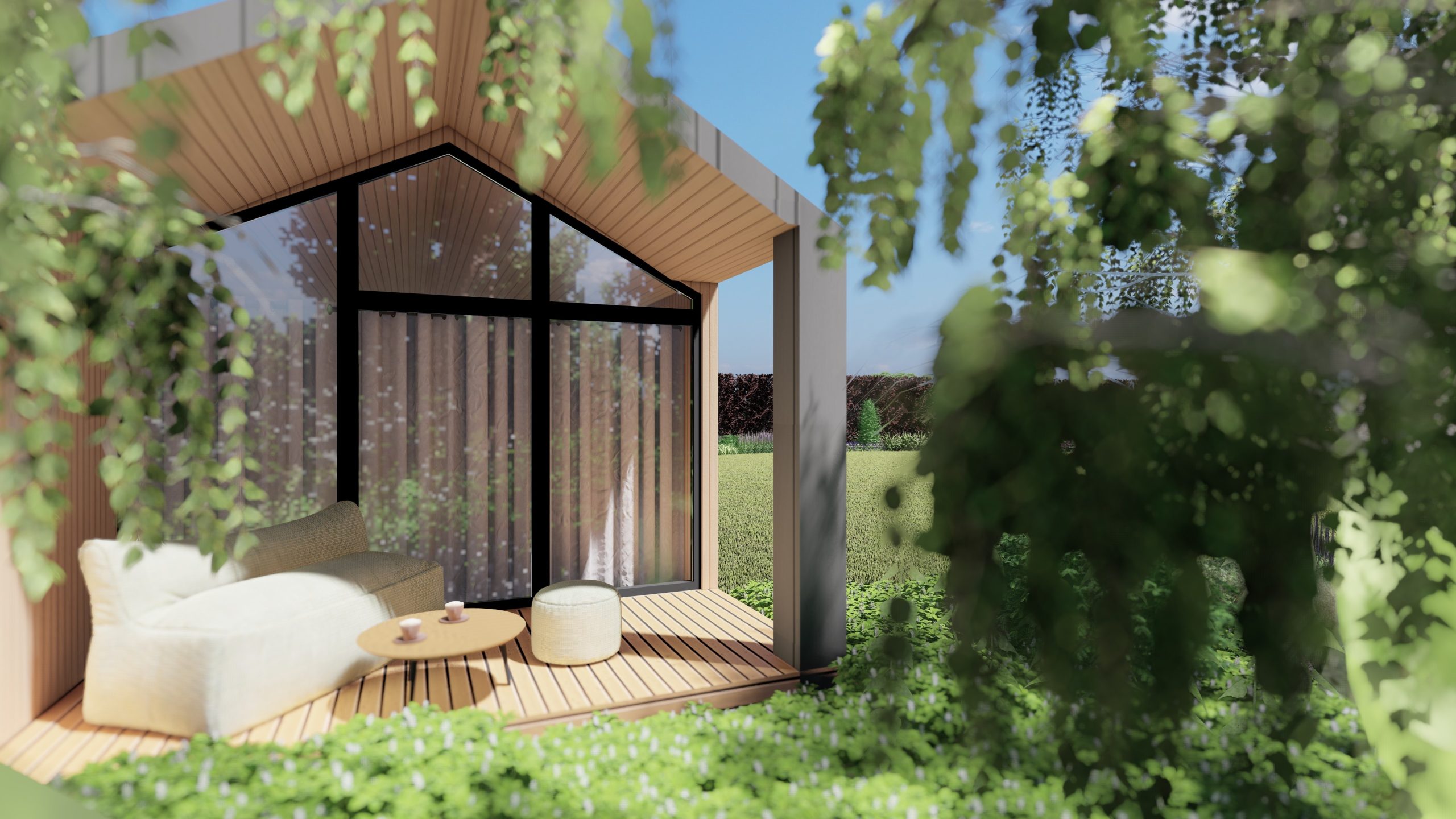 domek z tarasem wśród zieleni