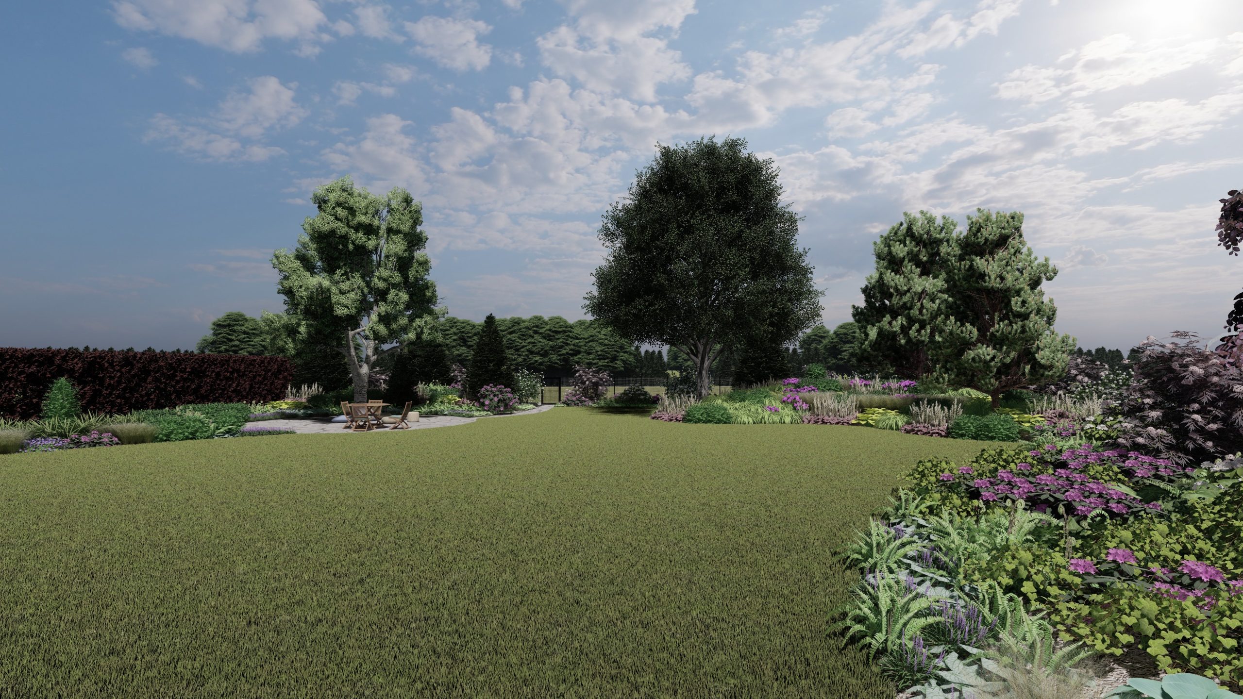 taras pod orzechem oraz bujne rabaty - leśny ogród letniskowy