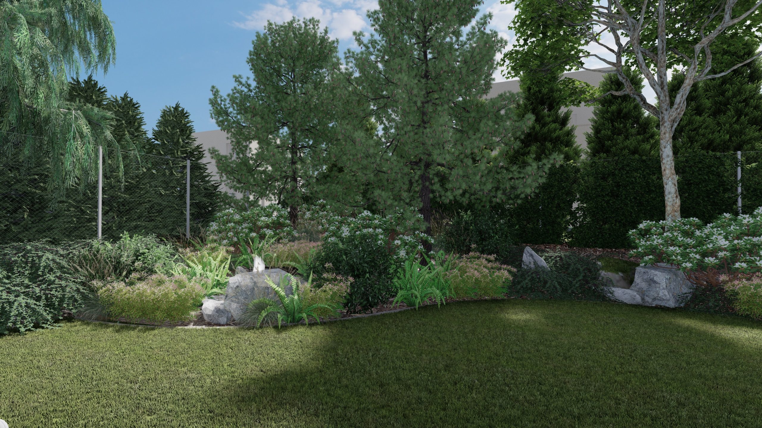 mały ogród ze skarpą - skarpę obsadzono różanecznikami, sosnami, pierisami, paprociami, laurowiśniami , irgą