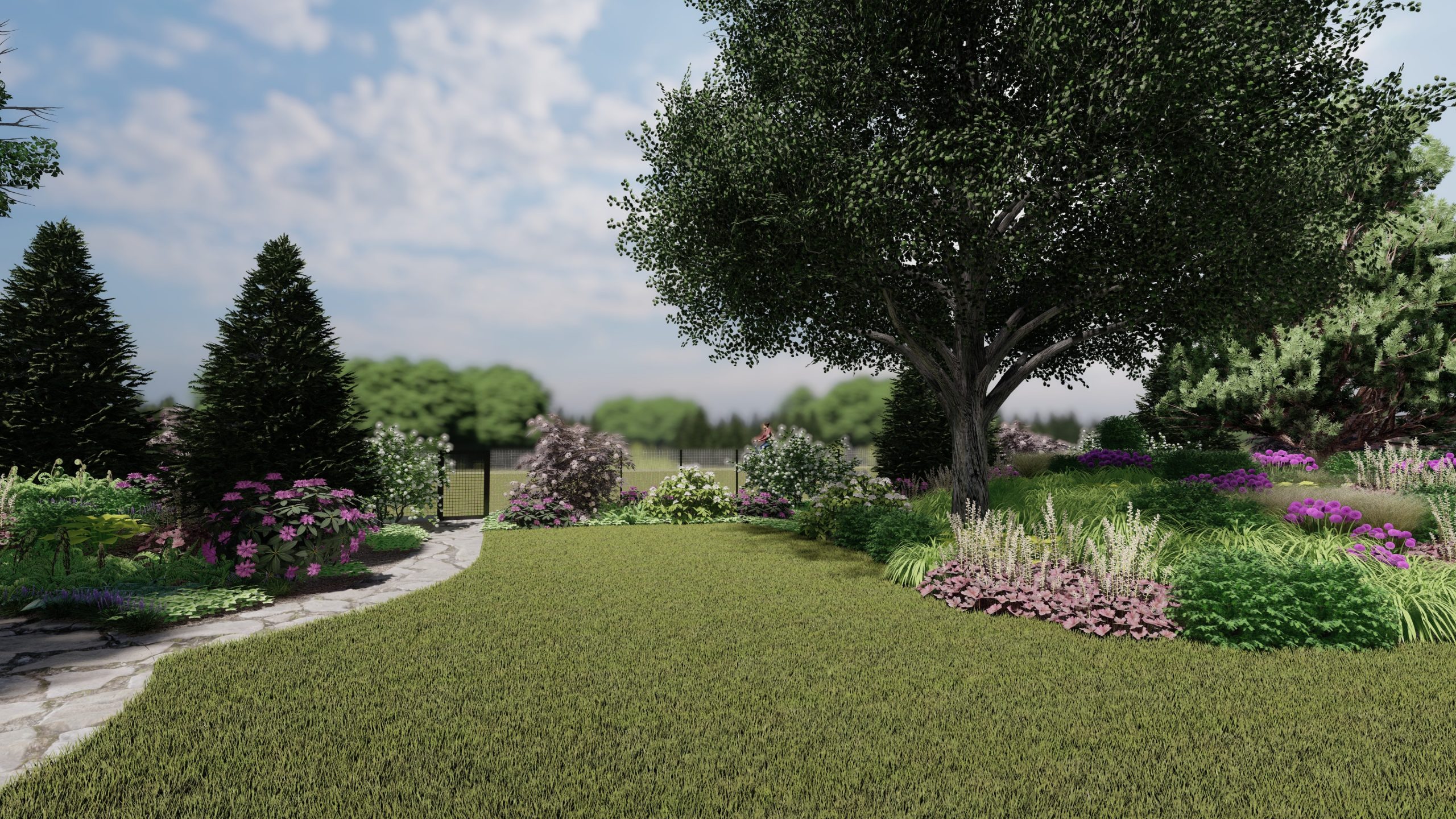 ciekawy dobór roślin uwzględniający bordowy kolor liści i pagórki porośnięte bujną roślinnością