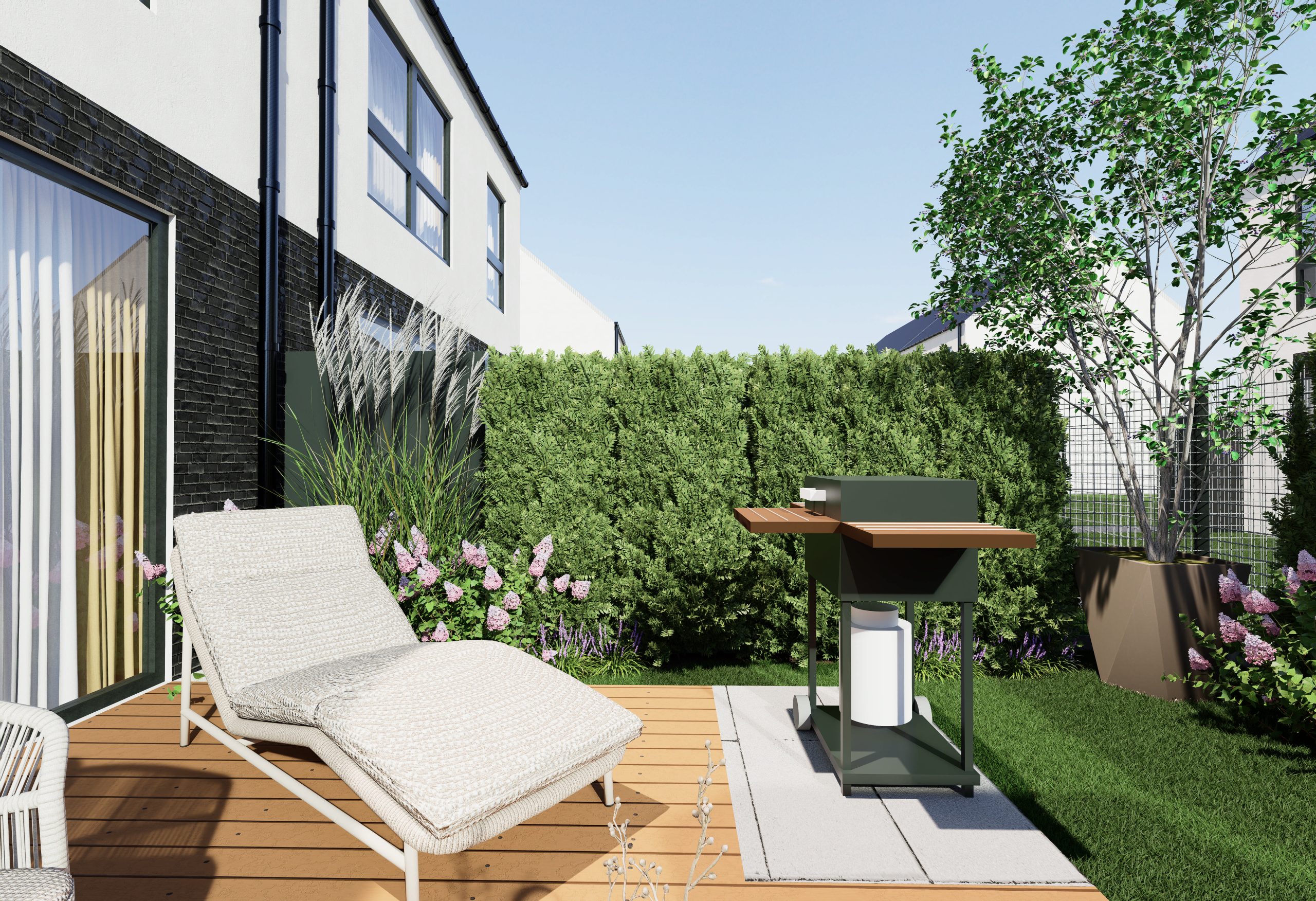 grill i miejsce do wypoczynku wśród roślin