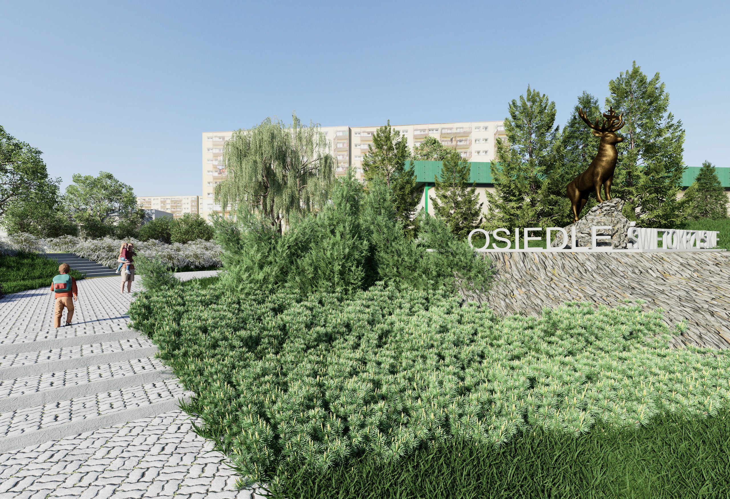 wejście do parku miejskiego przy blokowisku