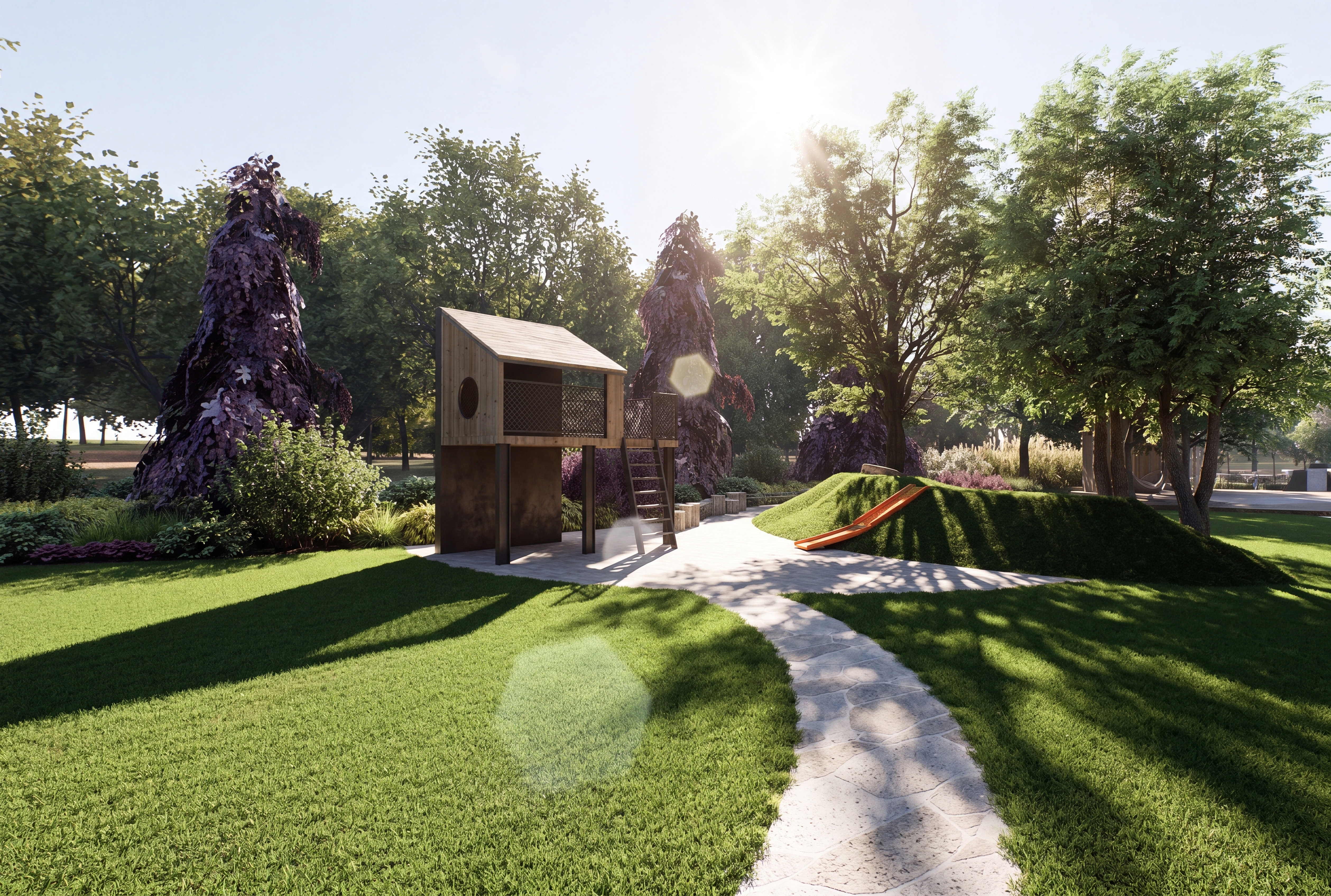 subtelna inspiracja Japonią - projekt ogrodu 3000 m2 dla całej rodziny - plac zabaw