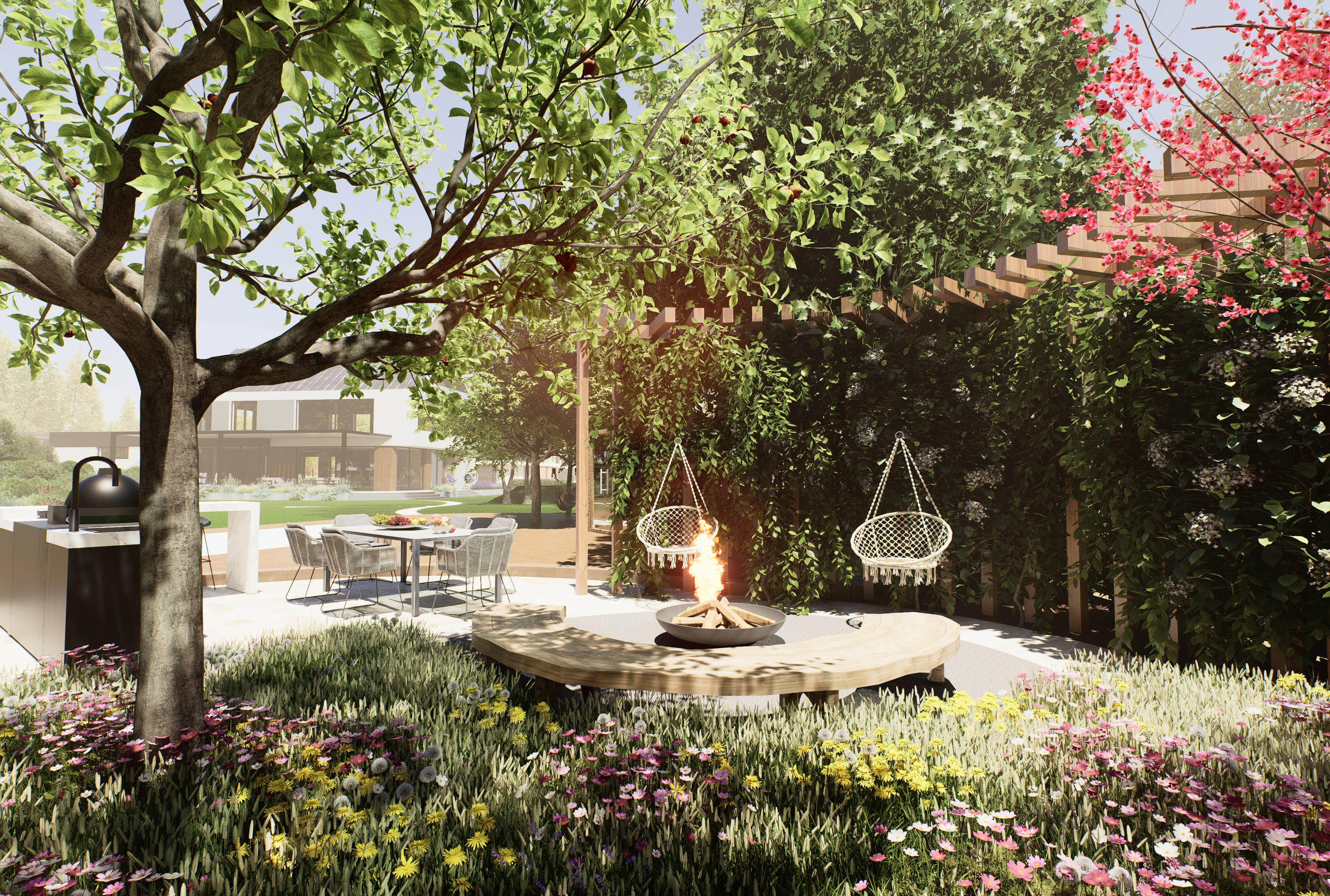 subtelna inspiracja Japonią - projekt ogrodu 3000 m2 dla całej rodziny - pergola i palenisko