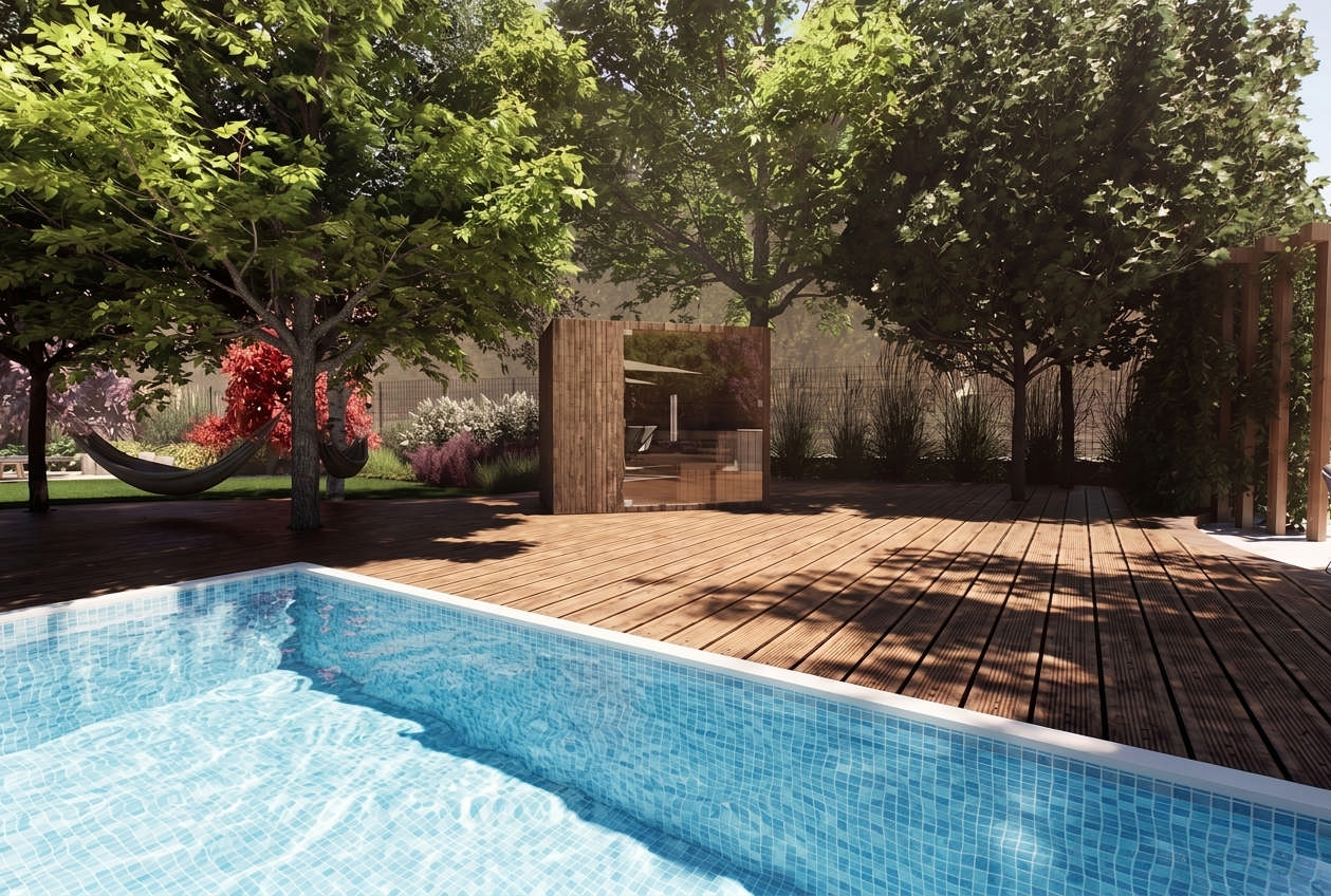 subtelna inspiracja Japonią - projekt ogrodu 3000 m2 dla całej rodziny - basen