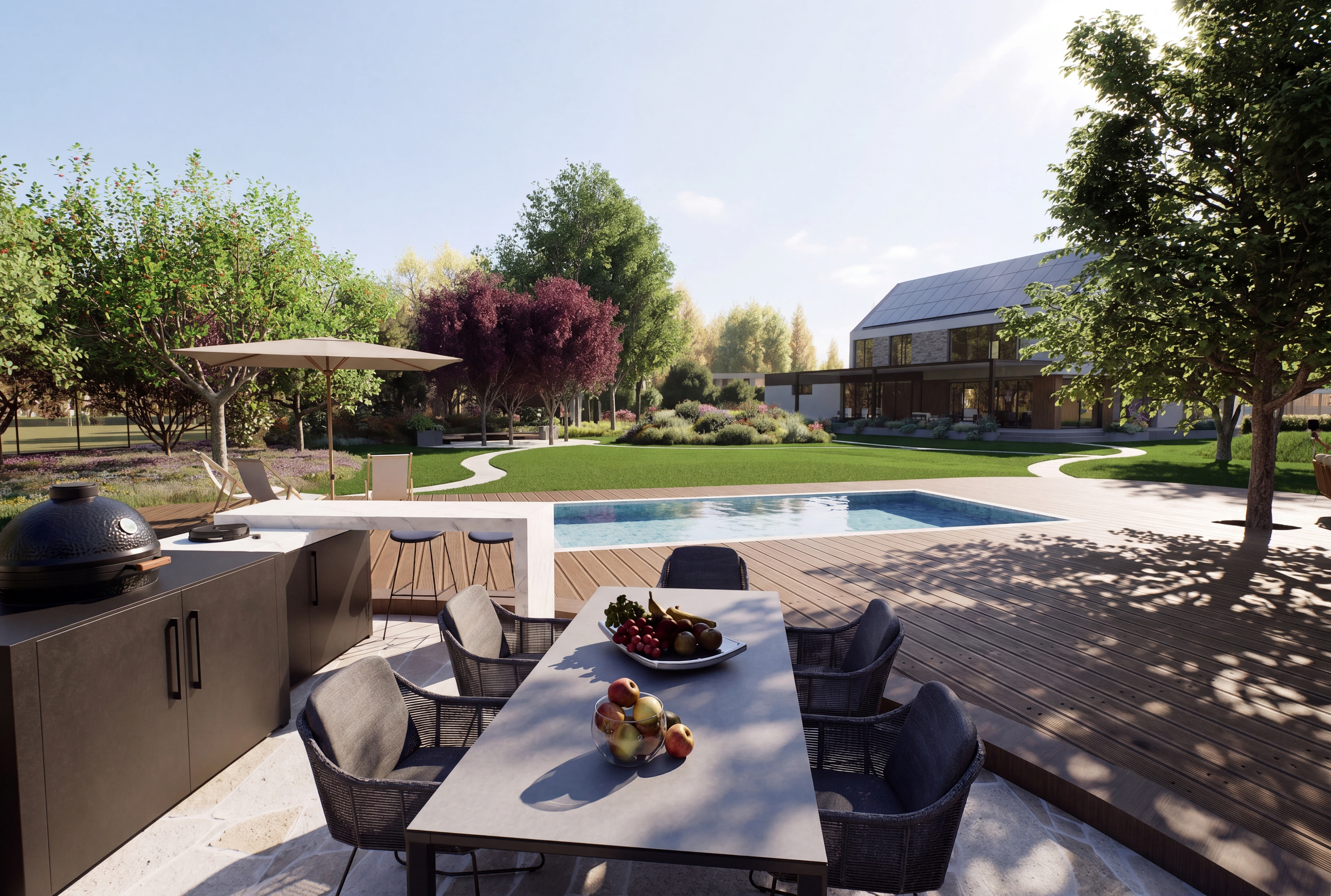 subtelna inspiracja Japonią - projekt ogrodu 3000 m2 dla całej rodziny - taras z basenem