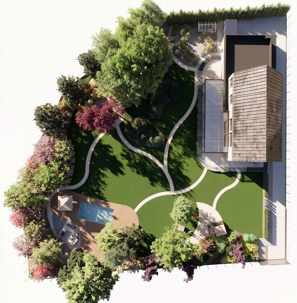 subtelna inspiracja Japonią - projekt ogrodu 3000 m2 dla całej rodziny